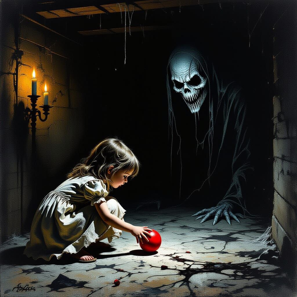 Ghastly Ghost Watches Girl Reach for Red Ball in Dark Baseme...