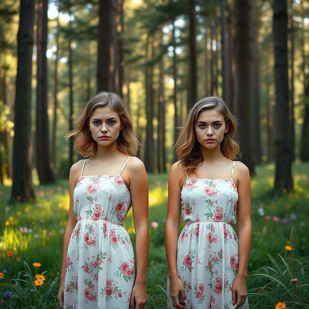 Twin Women Exude Confidence in Vibrant Forest Setting