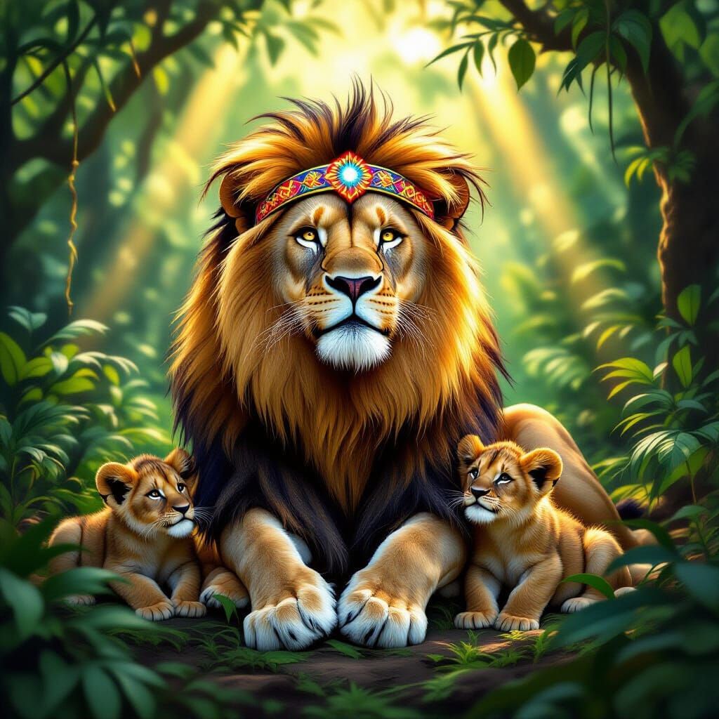 Majestic Lion Family in Lush Tropical Rainforest