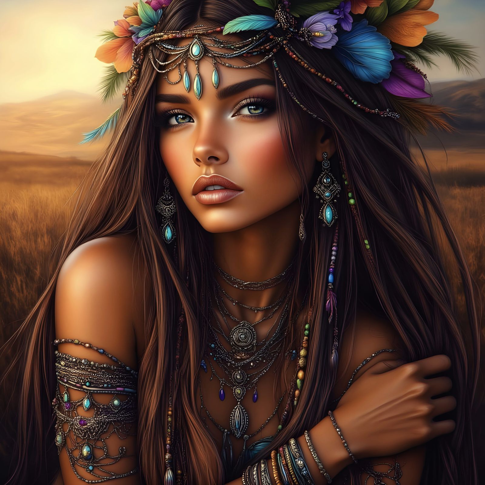 Native American Woman with Turquoise Jewelry in Bohemian Sty...