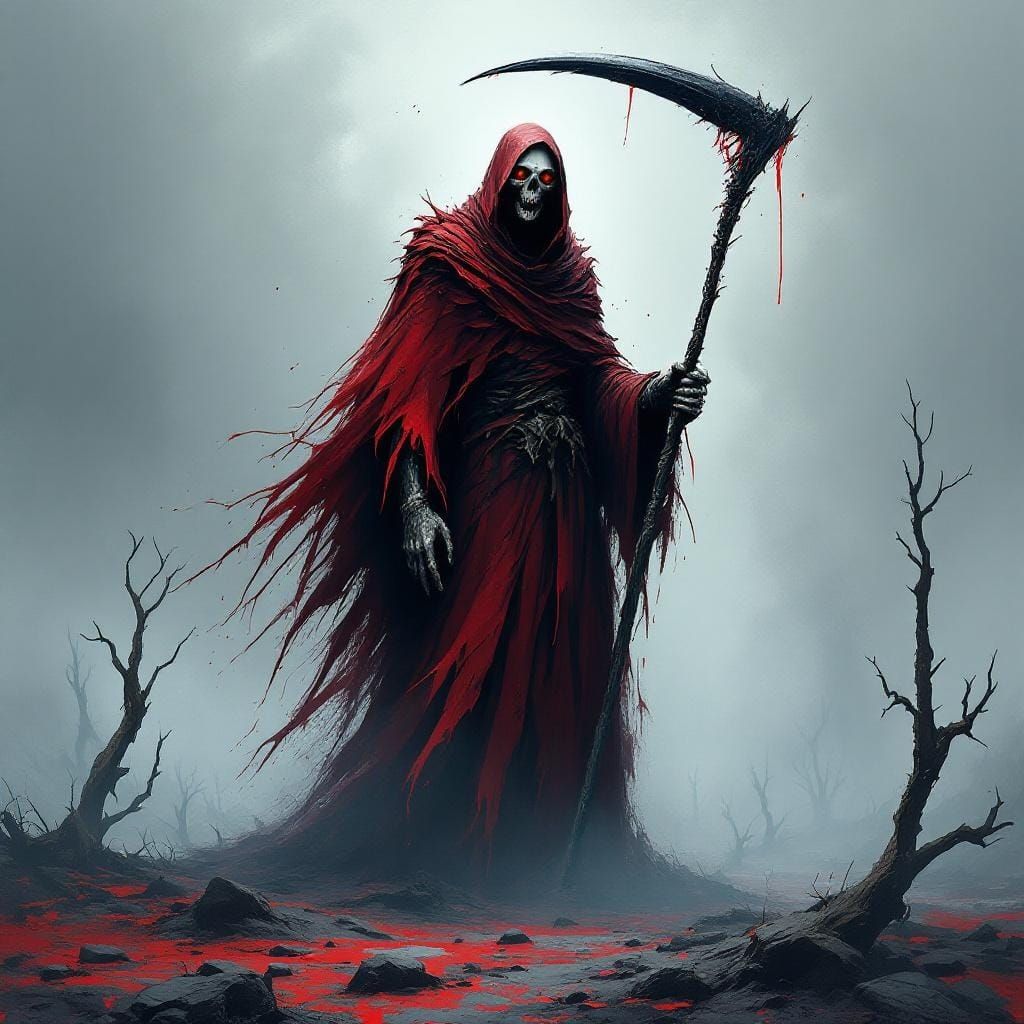 Grim Reaper in Crimson Cloak with Scythe