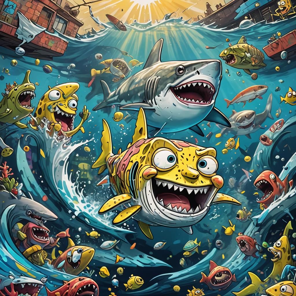 SpongeBob Rides Jaws Shark in Street Art Style