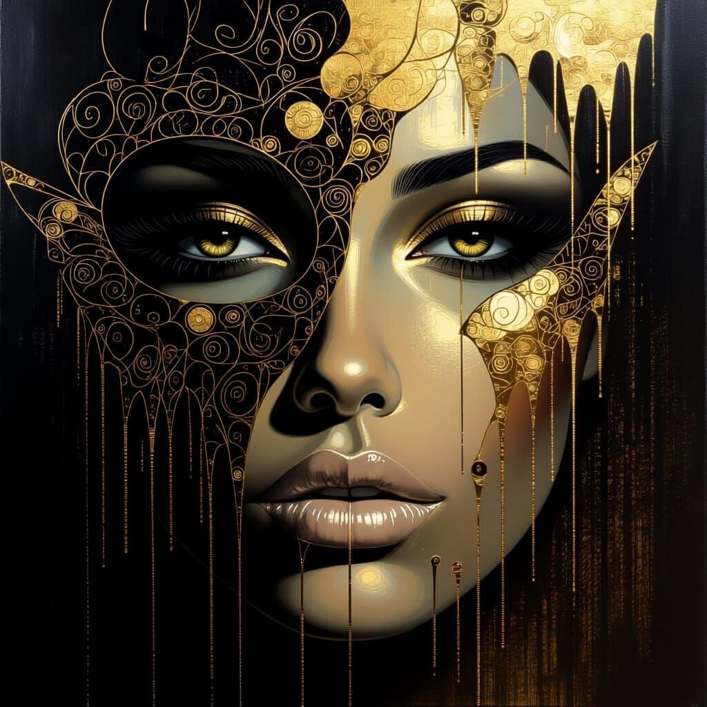 Dark Woman's Face with Gold Accents Behind Waterfall