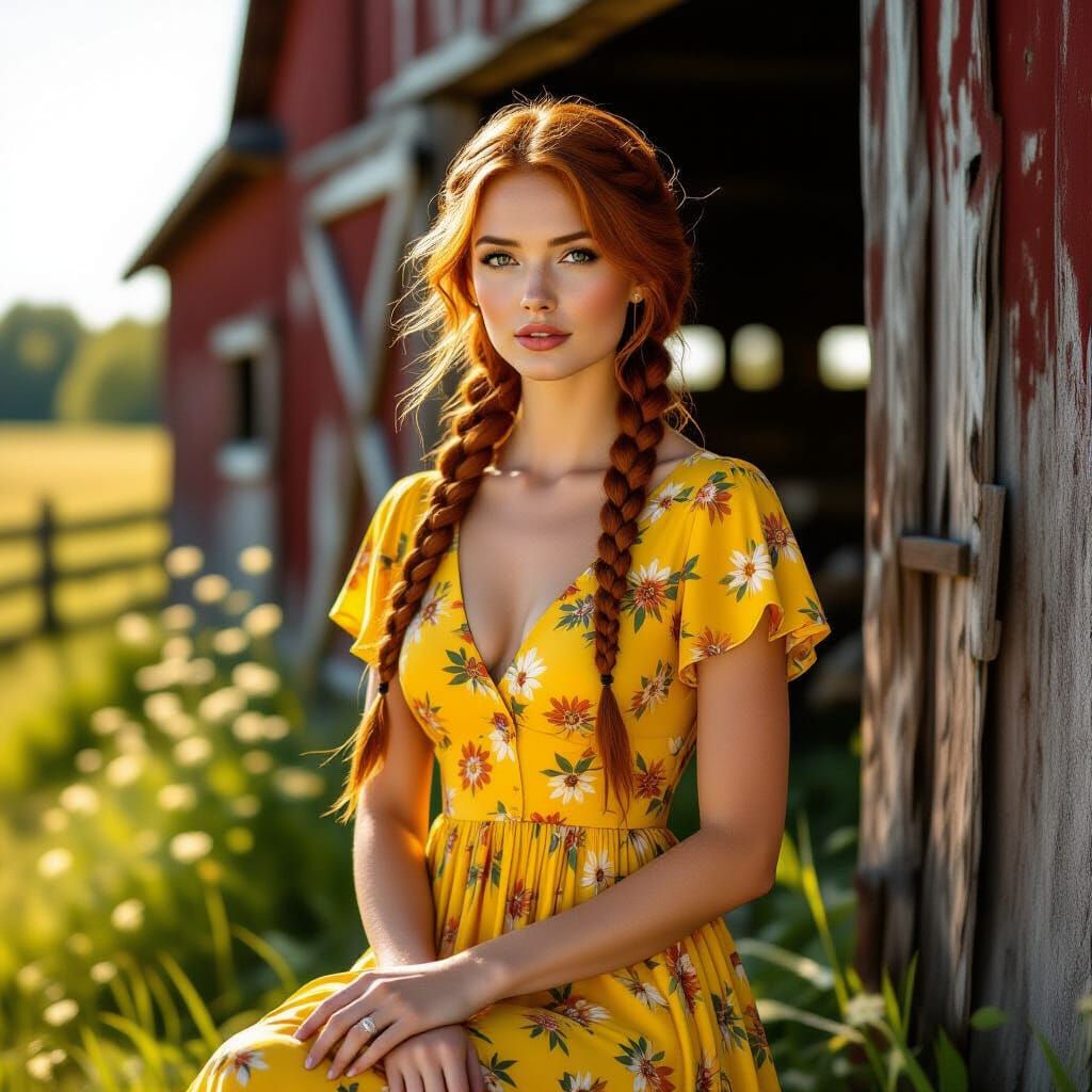 Woman in Yellow Dress Posing by Barn, Realistic Style