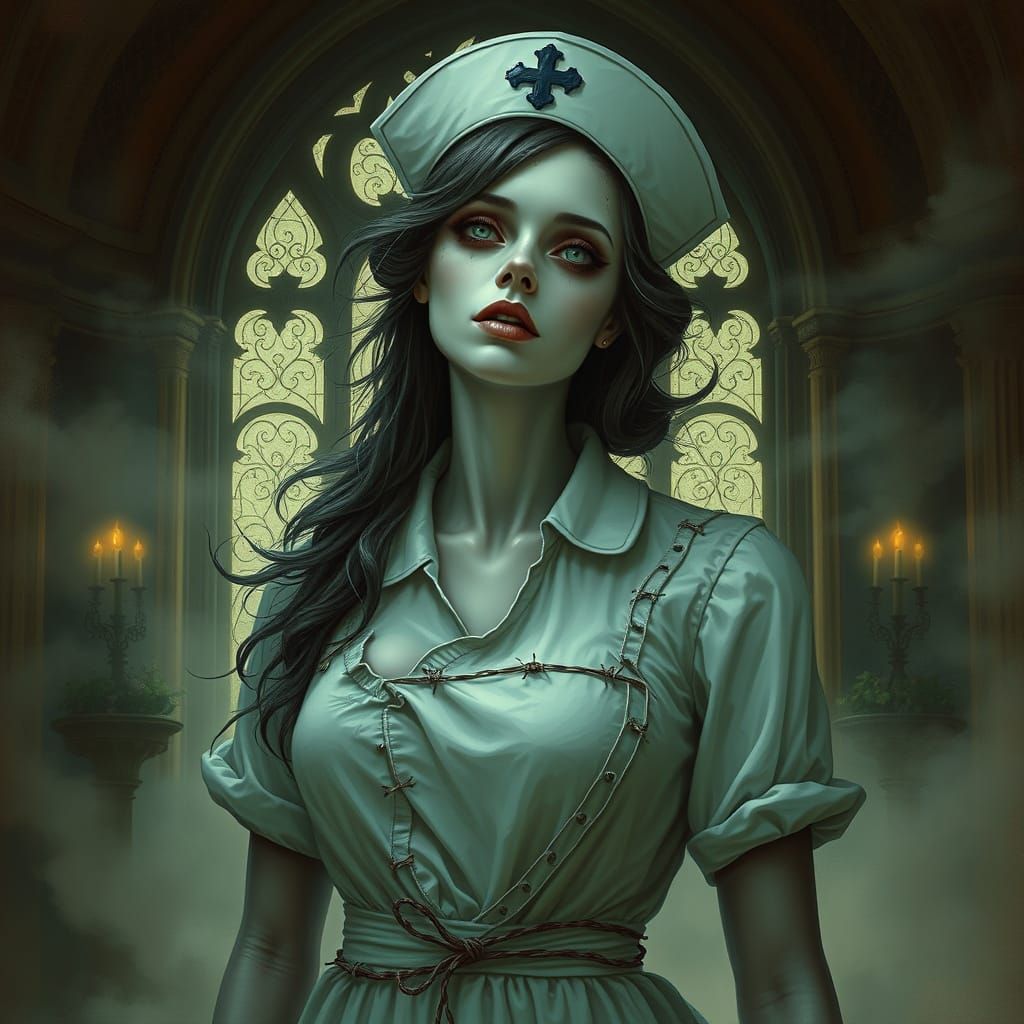 Ethereal Undead Nurse in Baroque Gothic Hellscape