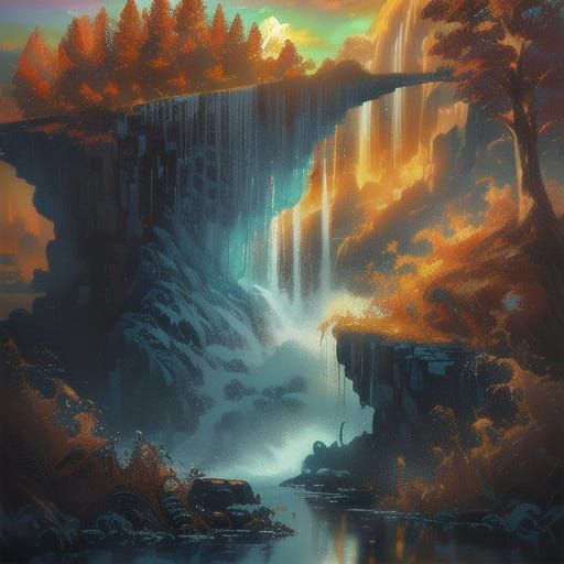 Vibrant Oil Painting of a Waterfall at Sunset