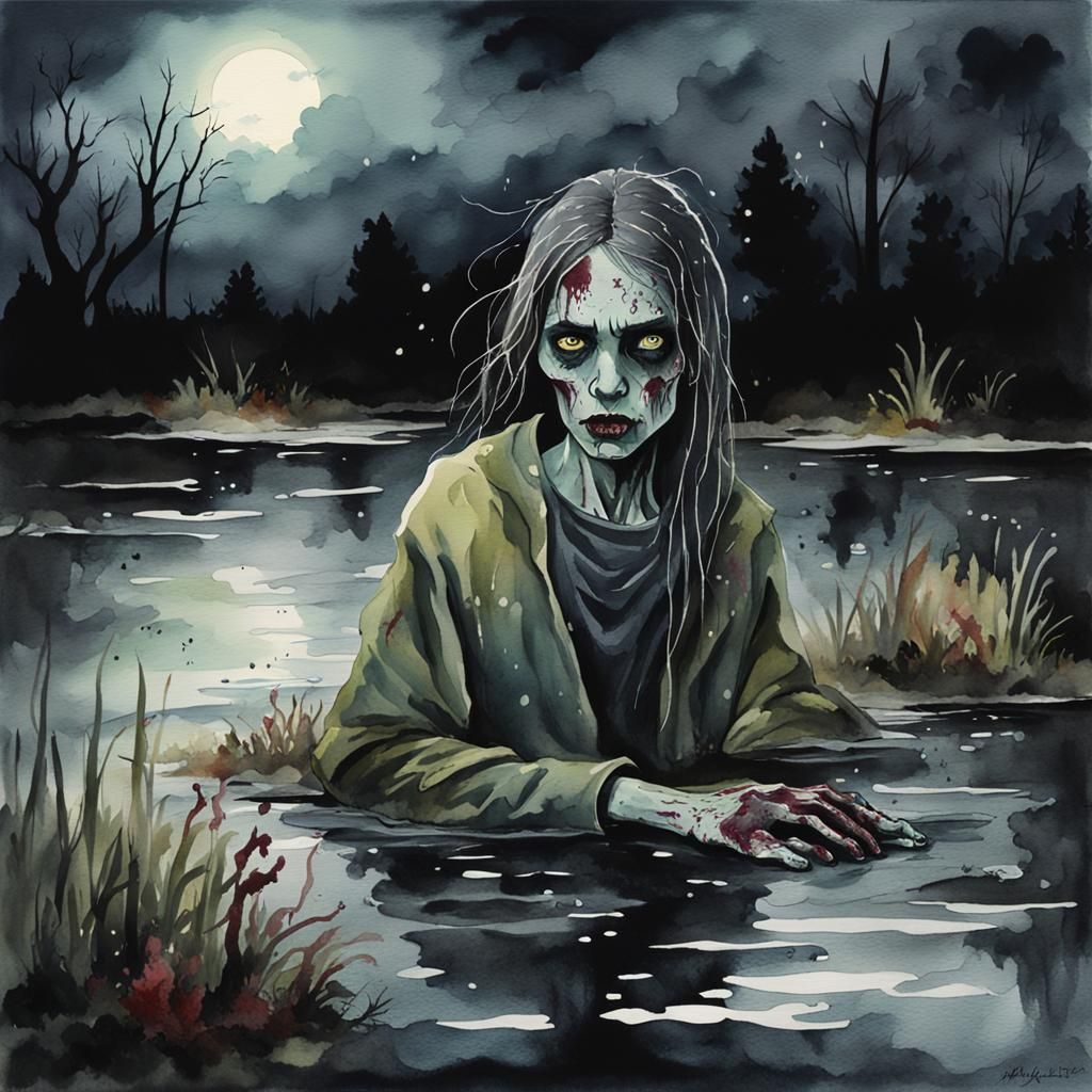 Zombie Woman Resurrected: Watercolor Painting