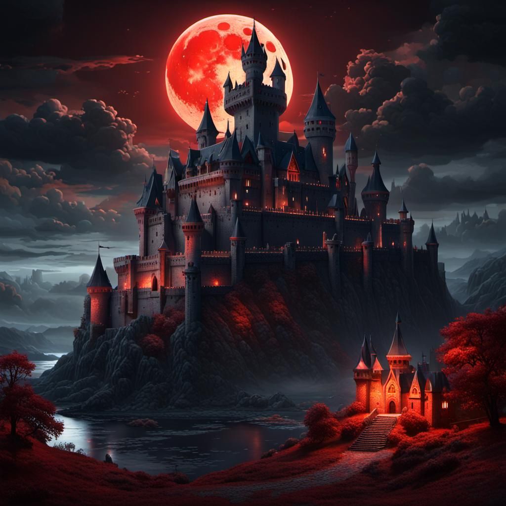 Medieval Castle Under Blood Moon: Dark Fantasy Art