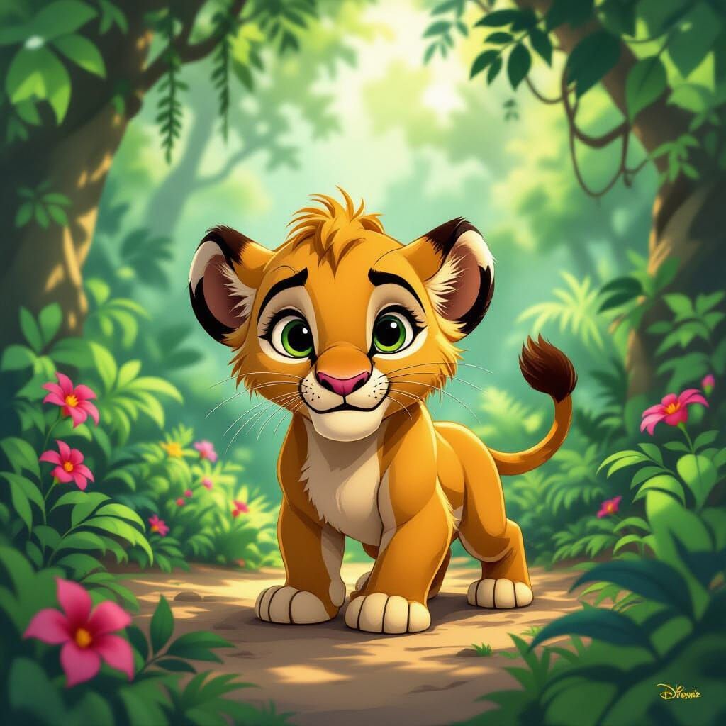 Cartoon Jaguar Cub's Jungle Adventure in Disney Style