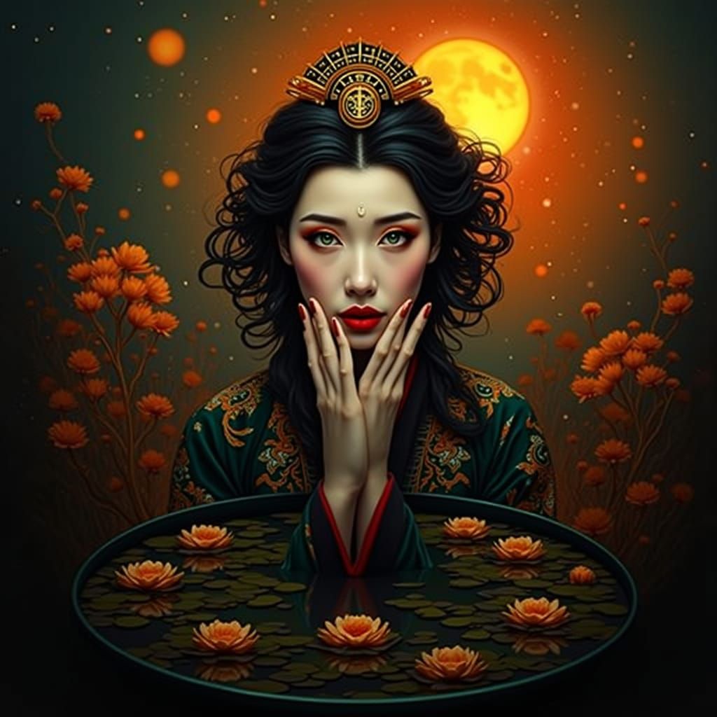 Geisha Hyperrealistic Portrait with Mirrored Reflection