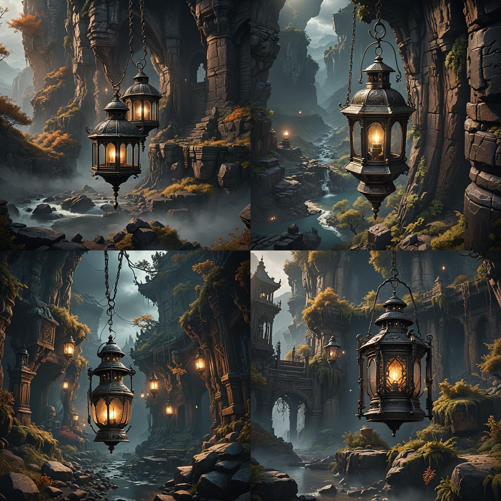Historic Lantern Lights a Dark Fantasy Landscape