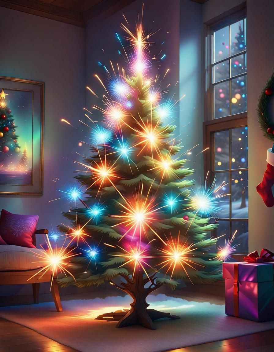 Sparklers Shine Near Christmas Tree in Cel-Shaded 3D