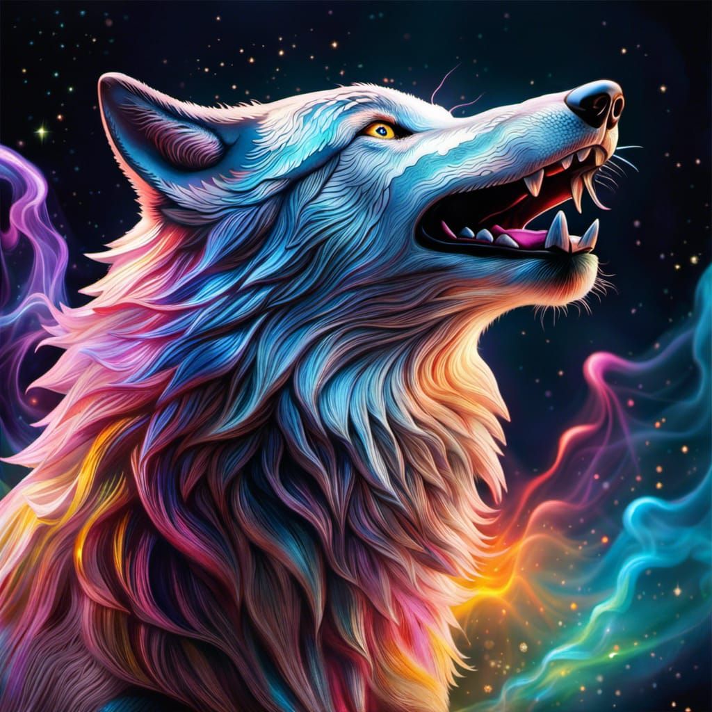 Glass Wolf Howling at Starry Sky in Luminism
