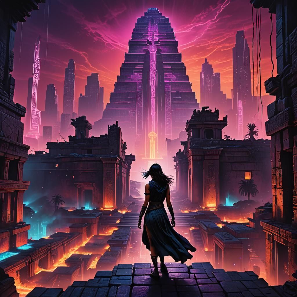 Cyberpunk Woman at Temple Ruins in Neon Skyscape