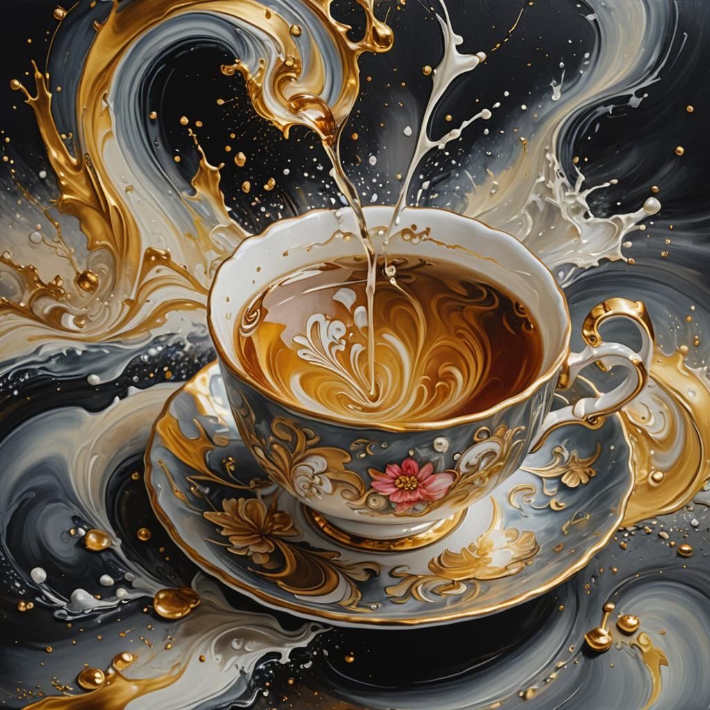 Luxurious Teacup Oil Painting with Gold Accents