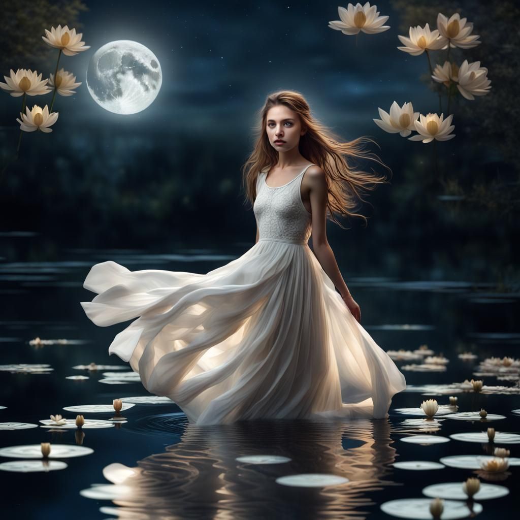 Girl over Lotus Pond at Night