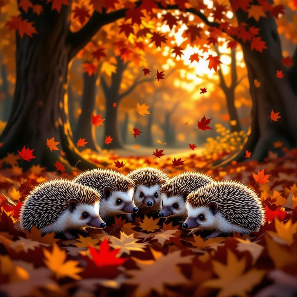 Hedgehogs Play in Autumn Forest at Twilight
