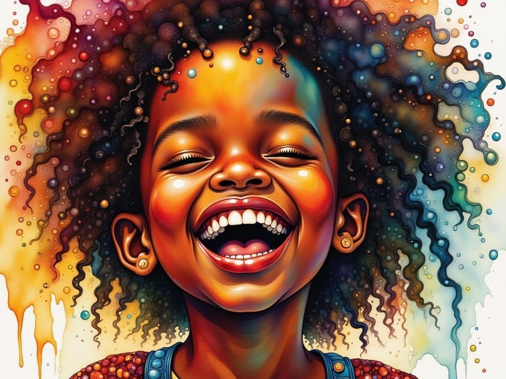 African Girl Laughing Wildly in Alcohol Ink Style
