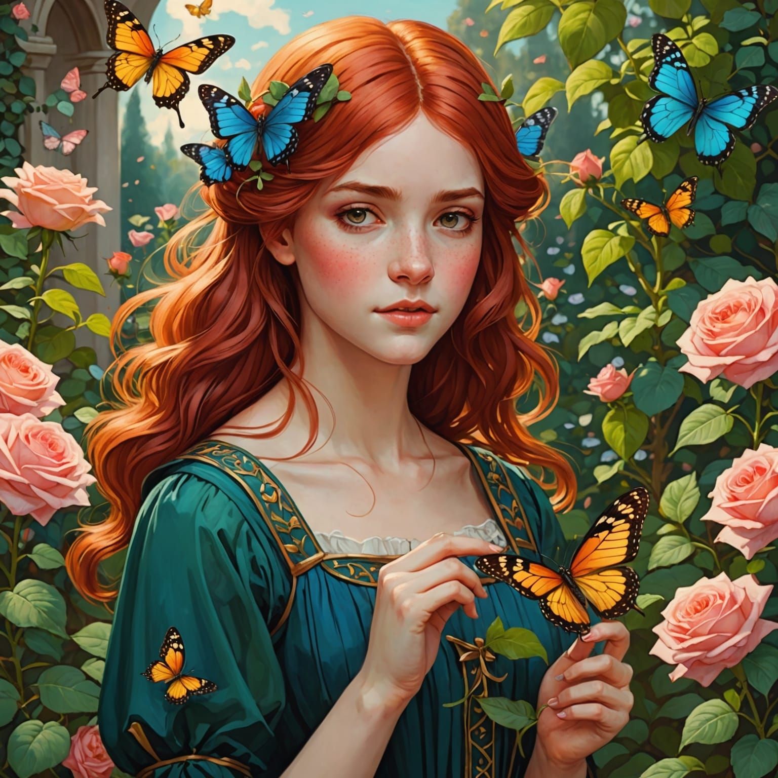 Red-Haired Girl with Butterfly in Rose Garden
