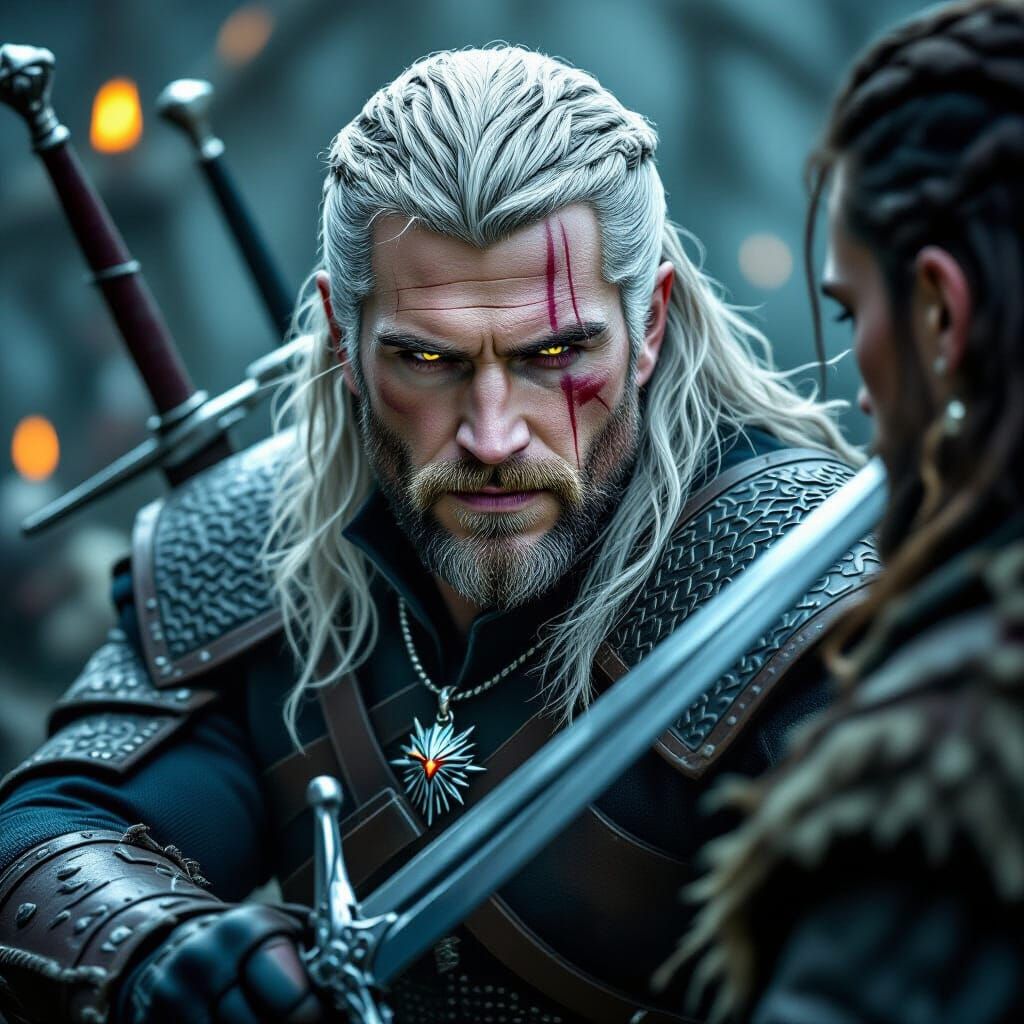 Geralt of Rivia in Intense Combat, Digital Art