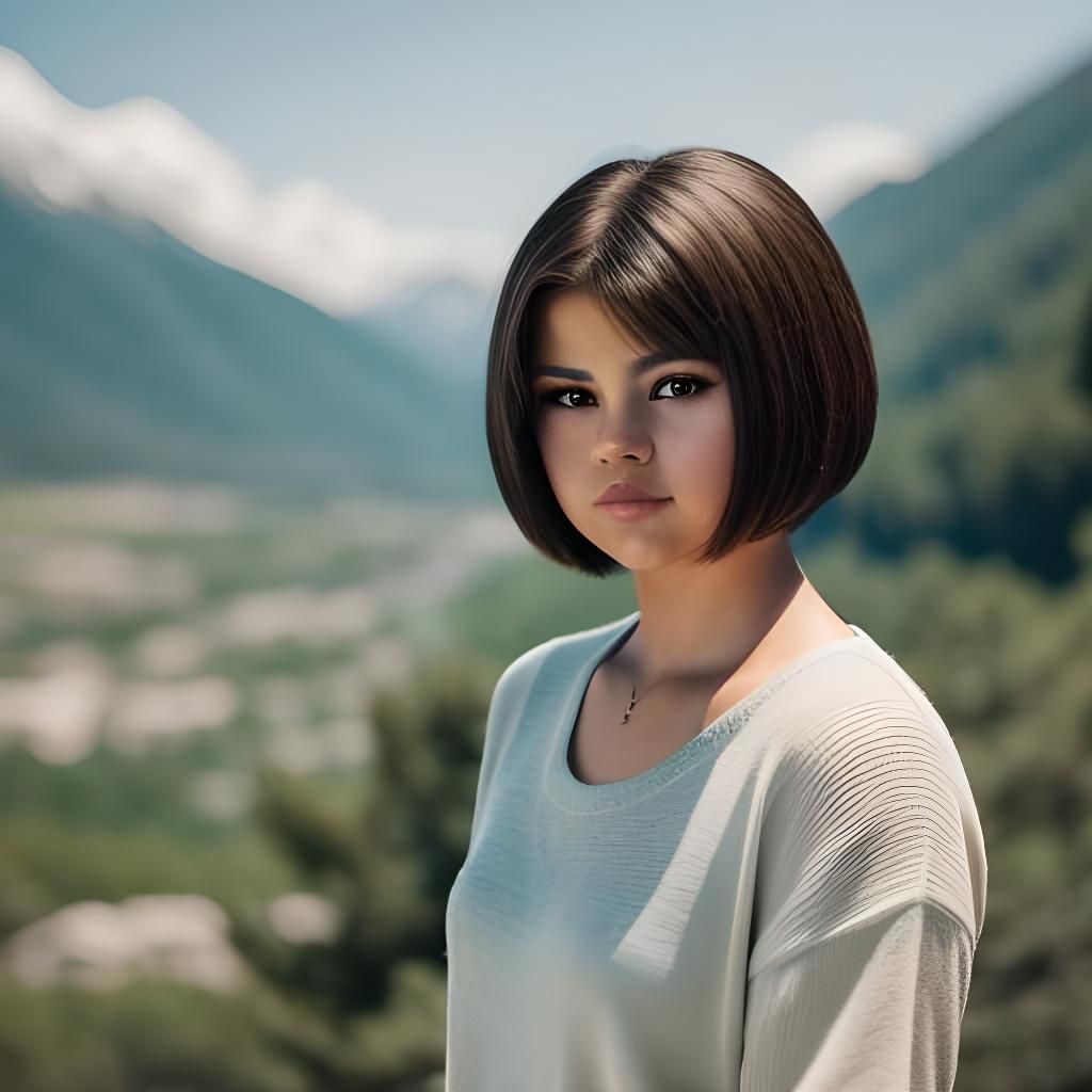 Selena Gomez Portrait with Mountain View