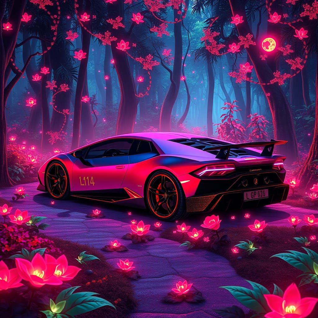 Kitsune Princess Lamborghini in Neon Japanese Forest