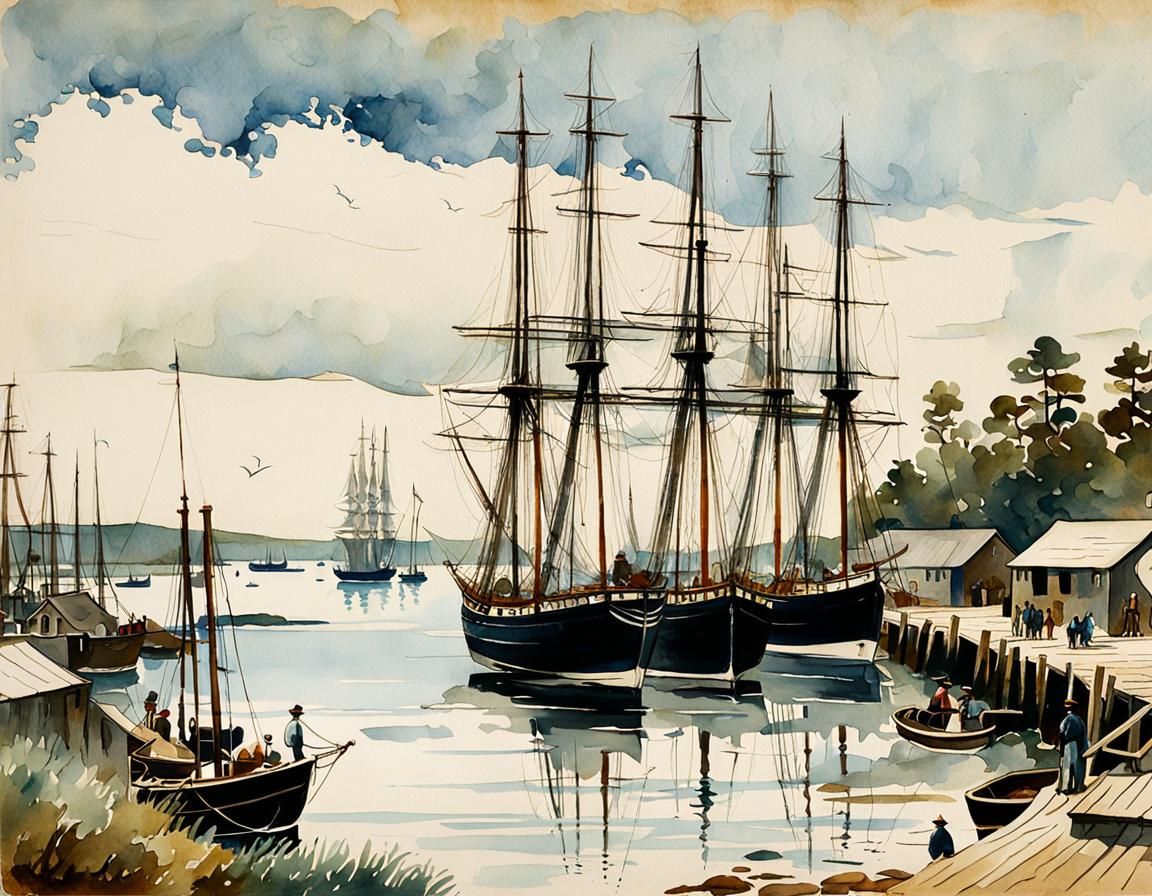 Vintage Harbor Scene in Watercolor and Ink