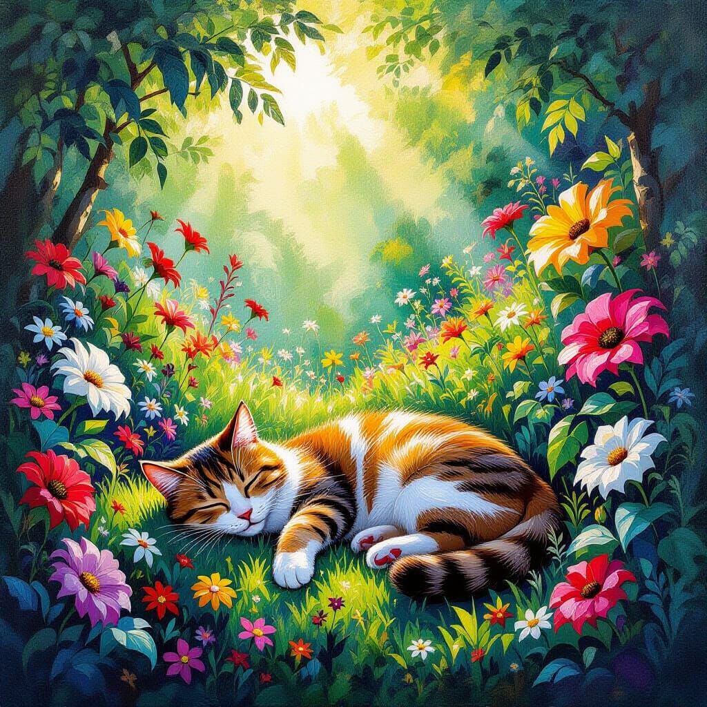 Contented Cat Naps in Bioluminescent Garden