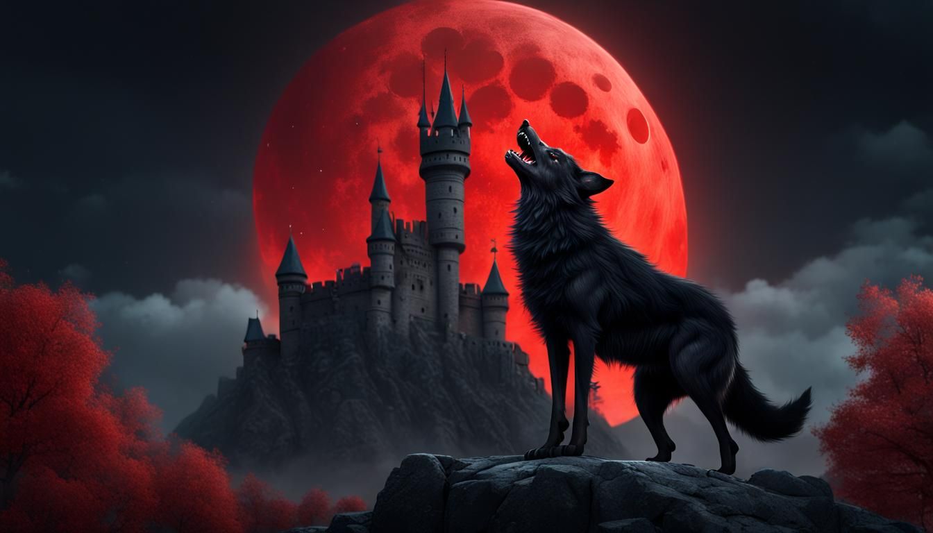 Menacing Wolf Guarding Castle Under Blood Moon