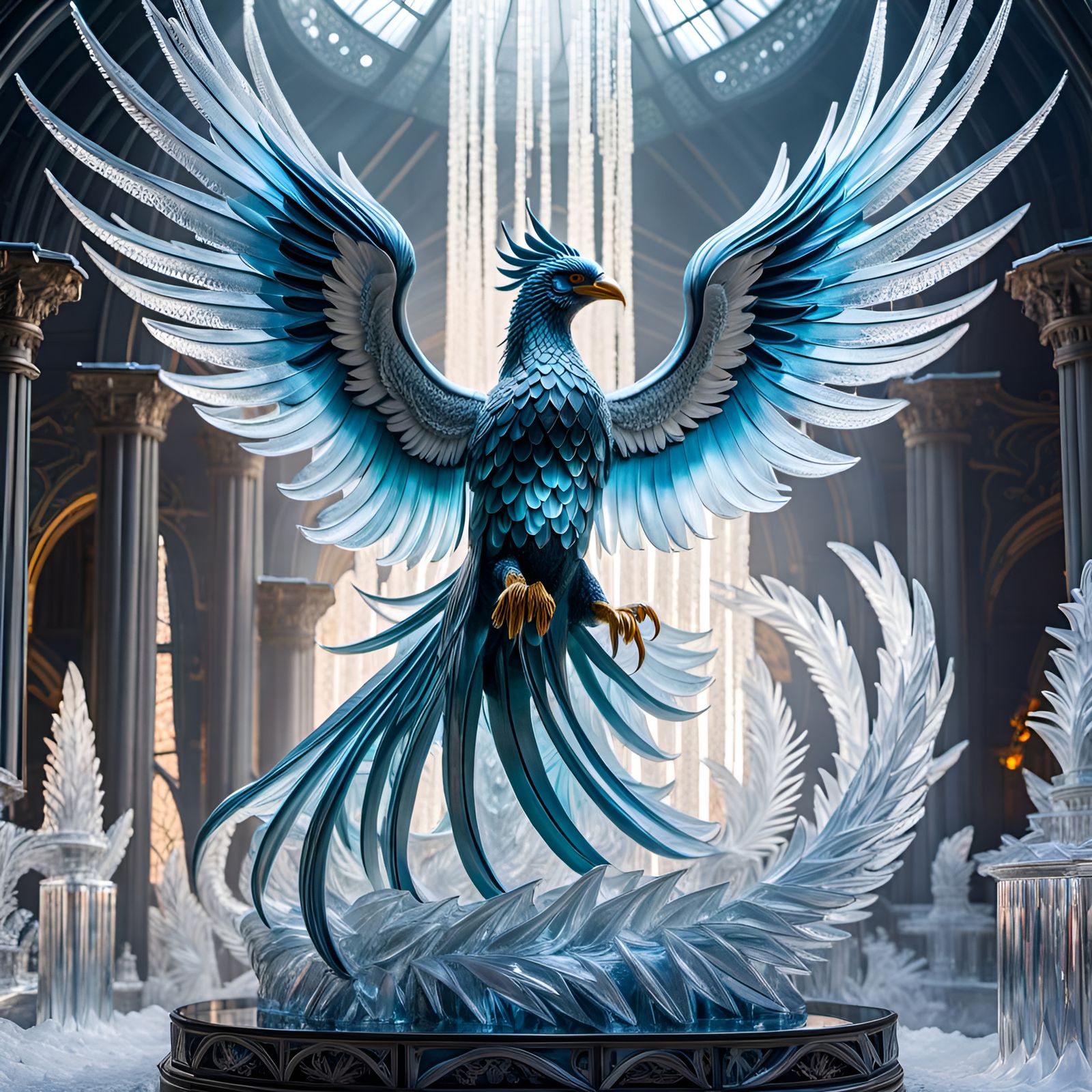 Wings of Frozen Fire: Behold the Mesmerizing Phoenix Ice Sculpture in its Crystal Palace
