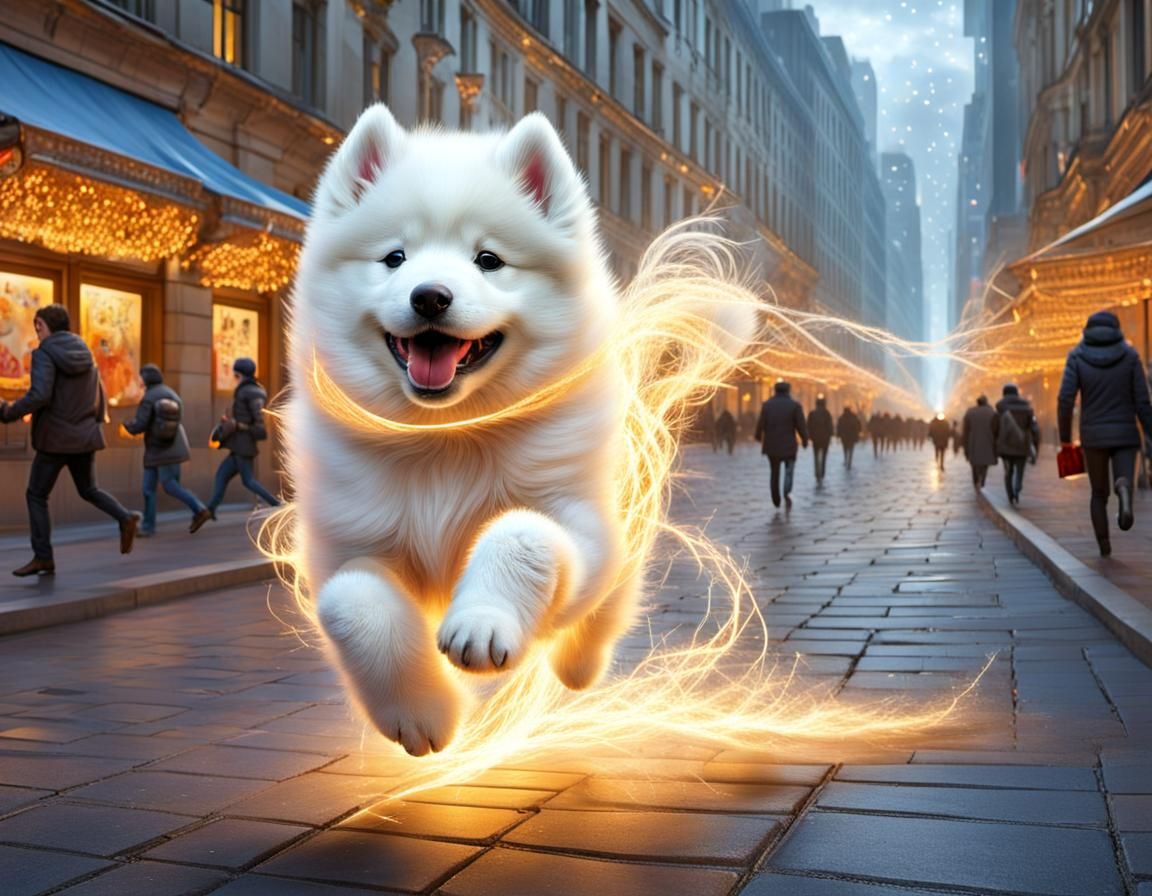 Radiant Samoyed Puppy Runs Through City, Vibrant Art