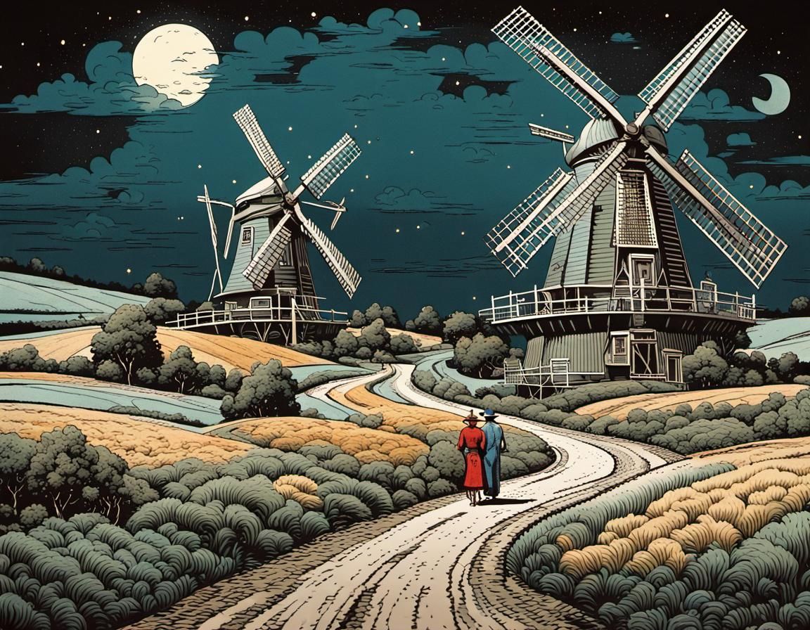 Dutch Windmill Landscape in Vintage Comic Style