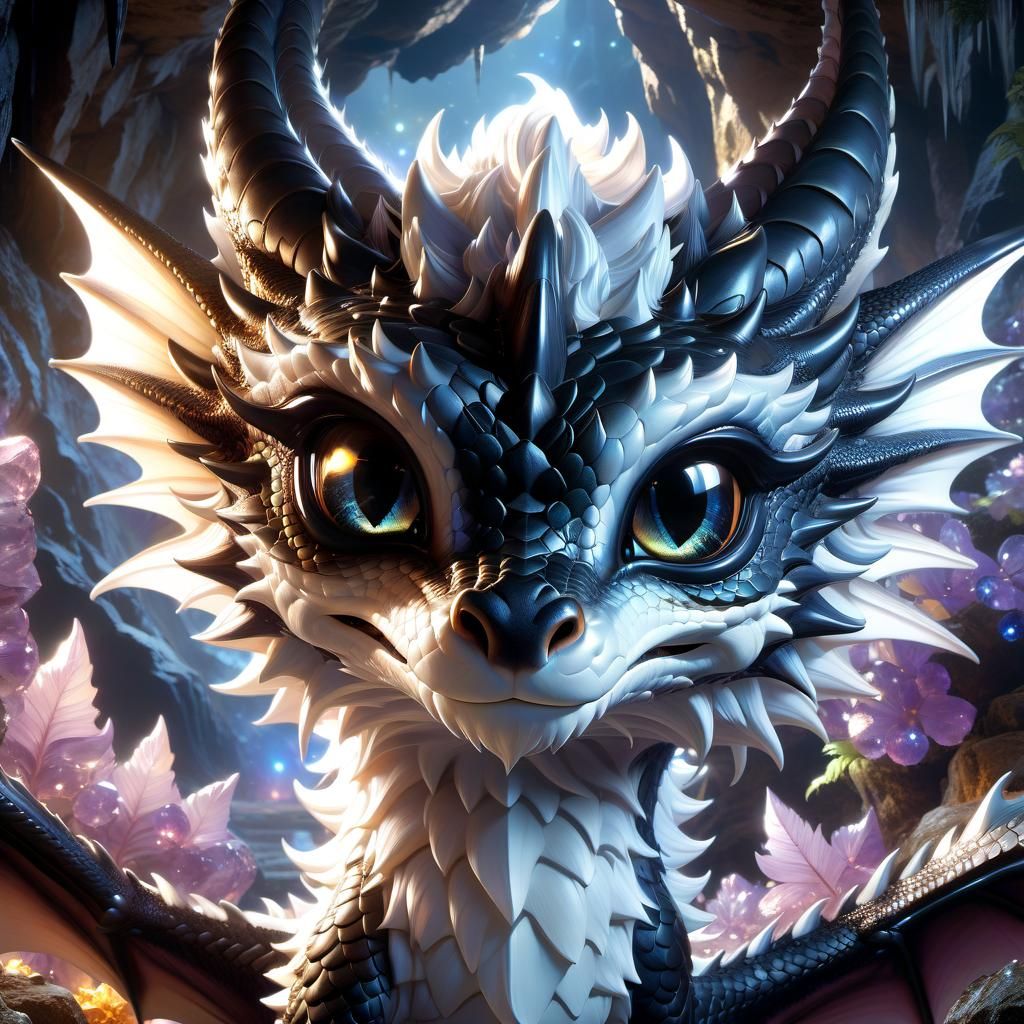 Adorable Dragon in Crystal Cave: Anime 3D Render