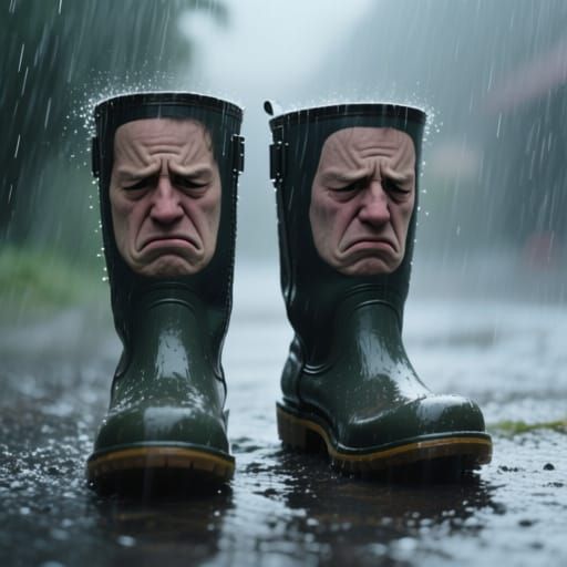 Sad Boots in Heavy Rain, Hyperrealistic Style