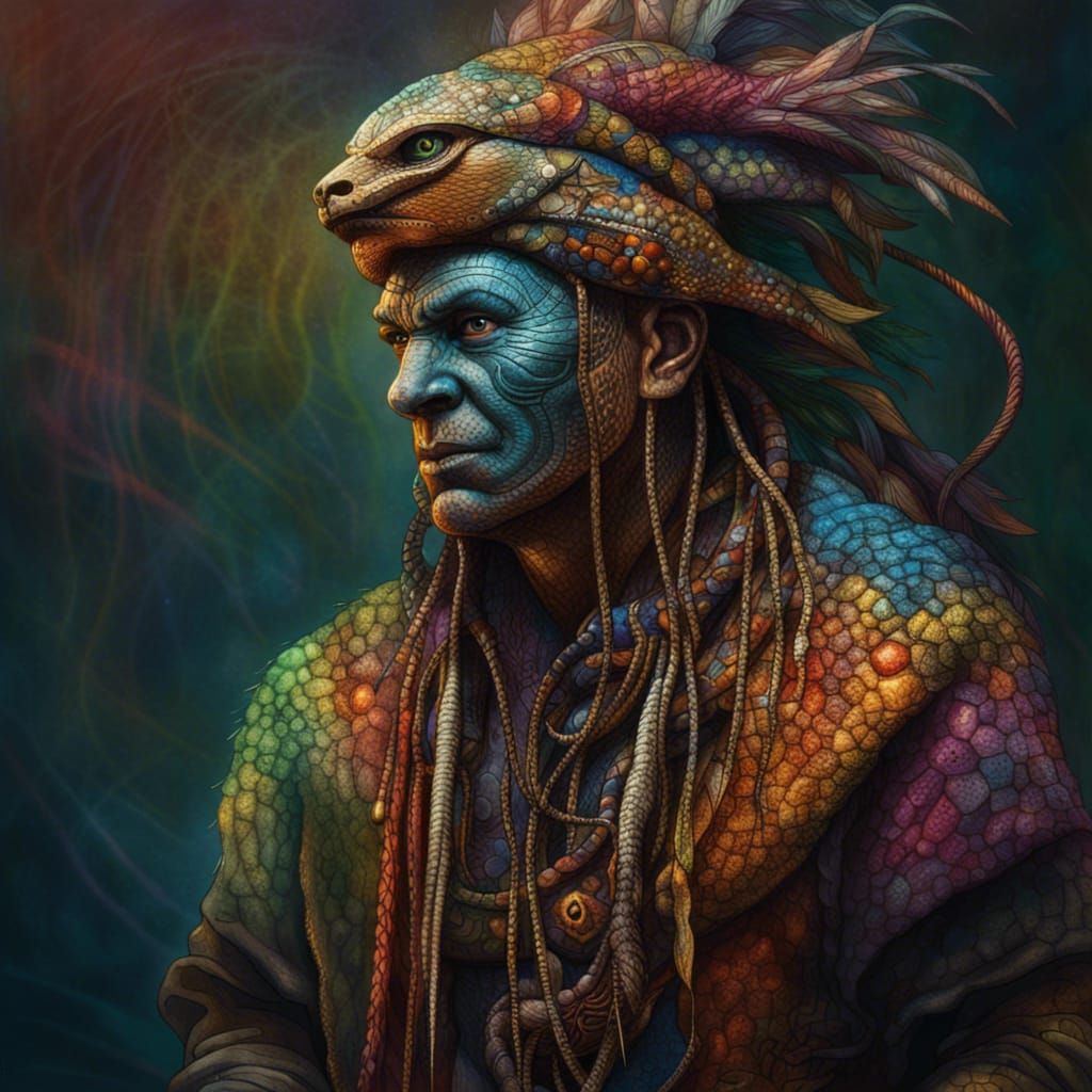 Reptilian Shaman with Dolls: Hyperrealistic Splash Art