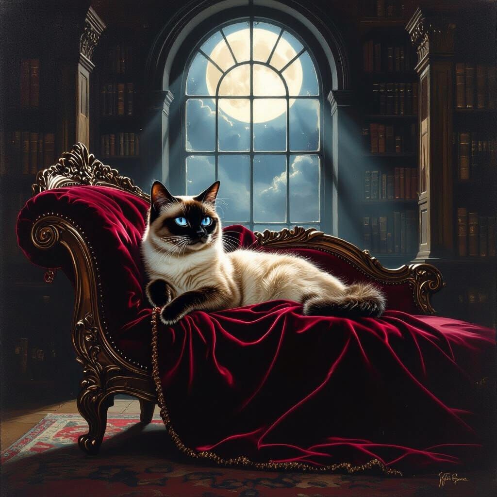 Regal Siamese Cat in Velvet Cloak on Chaise Lounge