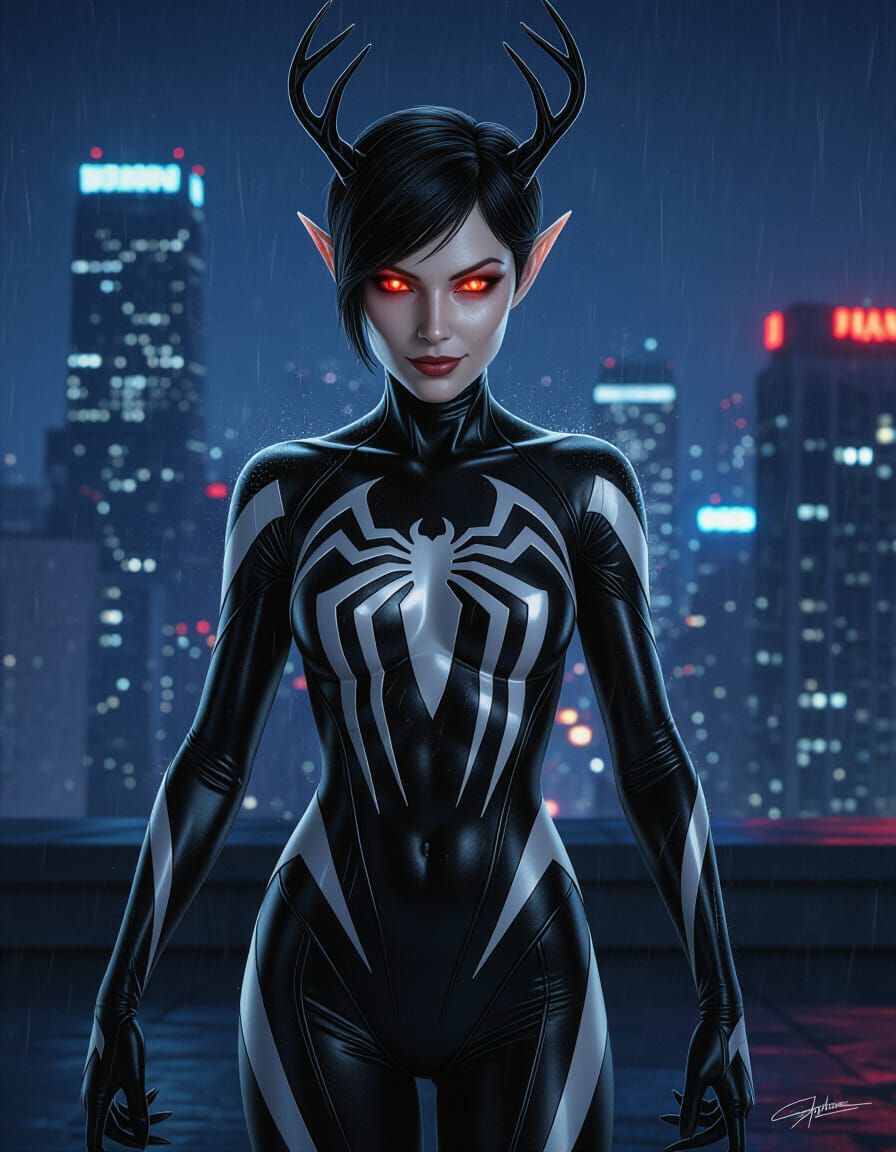 Symbiotic Elf Woman on Neon City Rooftop