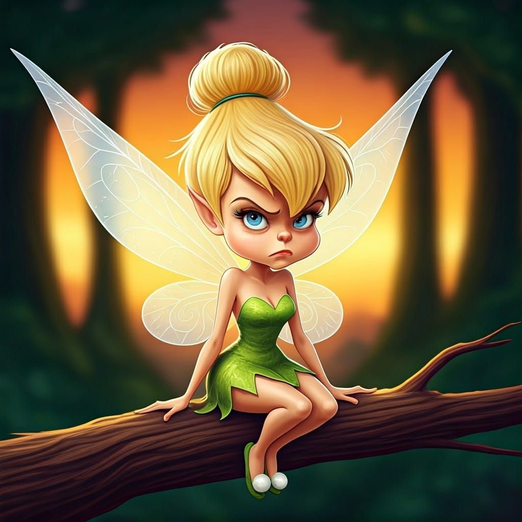 Grumpy Tinkerbell Caricature at Neverland Sunset