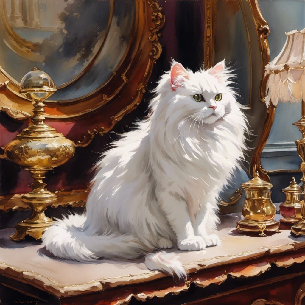 Victorian Cat in Dressing Room: Oil Painting