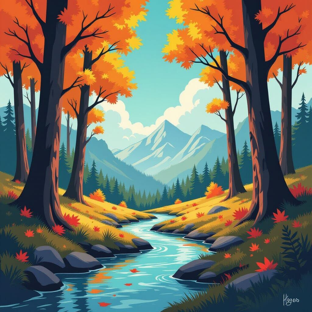 Fantasy Forest with Orange Trees and River