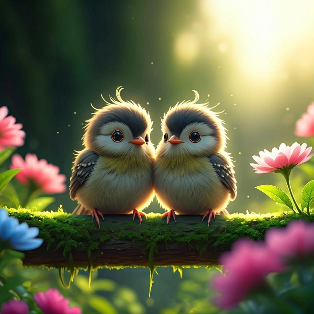 Whimsical Birds in Enchanted Garden