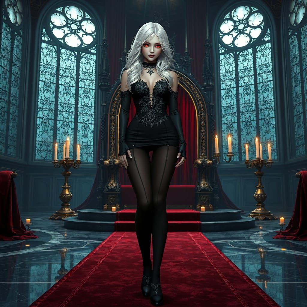 Elegant Gothic Japanese Video Game Character with White Hair...