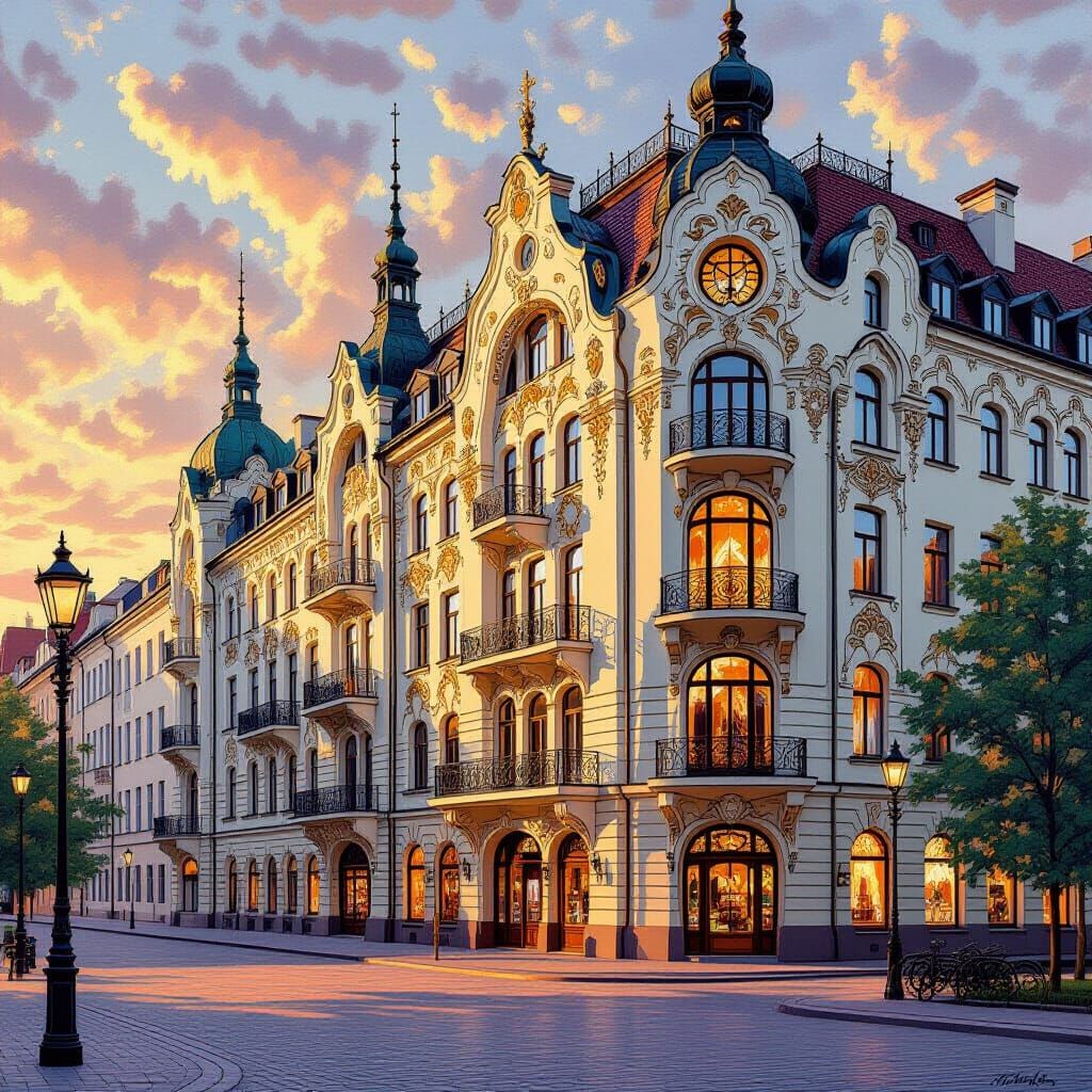 Art Nouveau Riga Buildings at Sunset