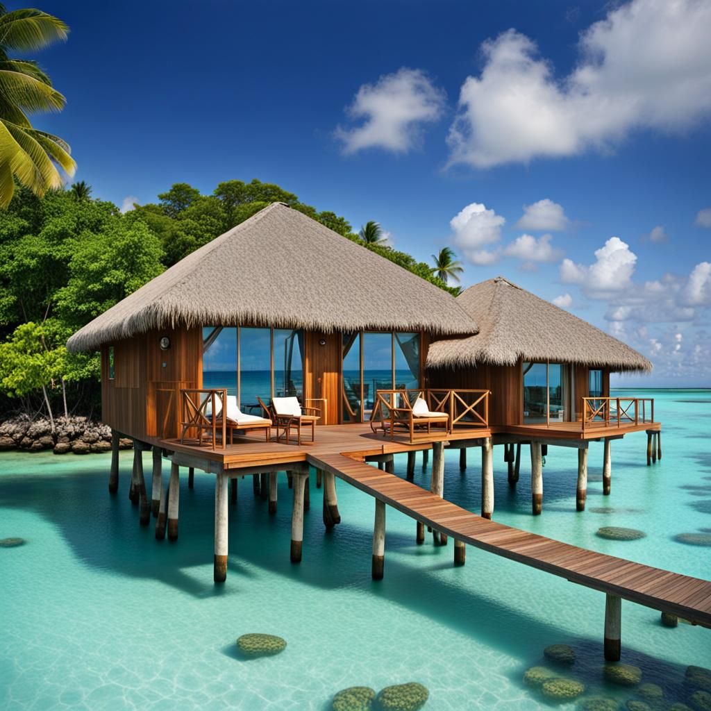 Overwater Bungalow: A luxurious overwater bungalow stands on stilts in the clear blue waters of a tropical paradise. The...