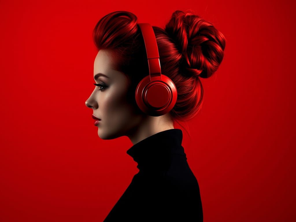 Woman in Vibrant Red Hair with Red Headphones in Monochromat...
