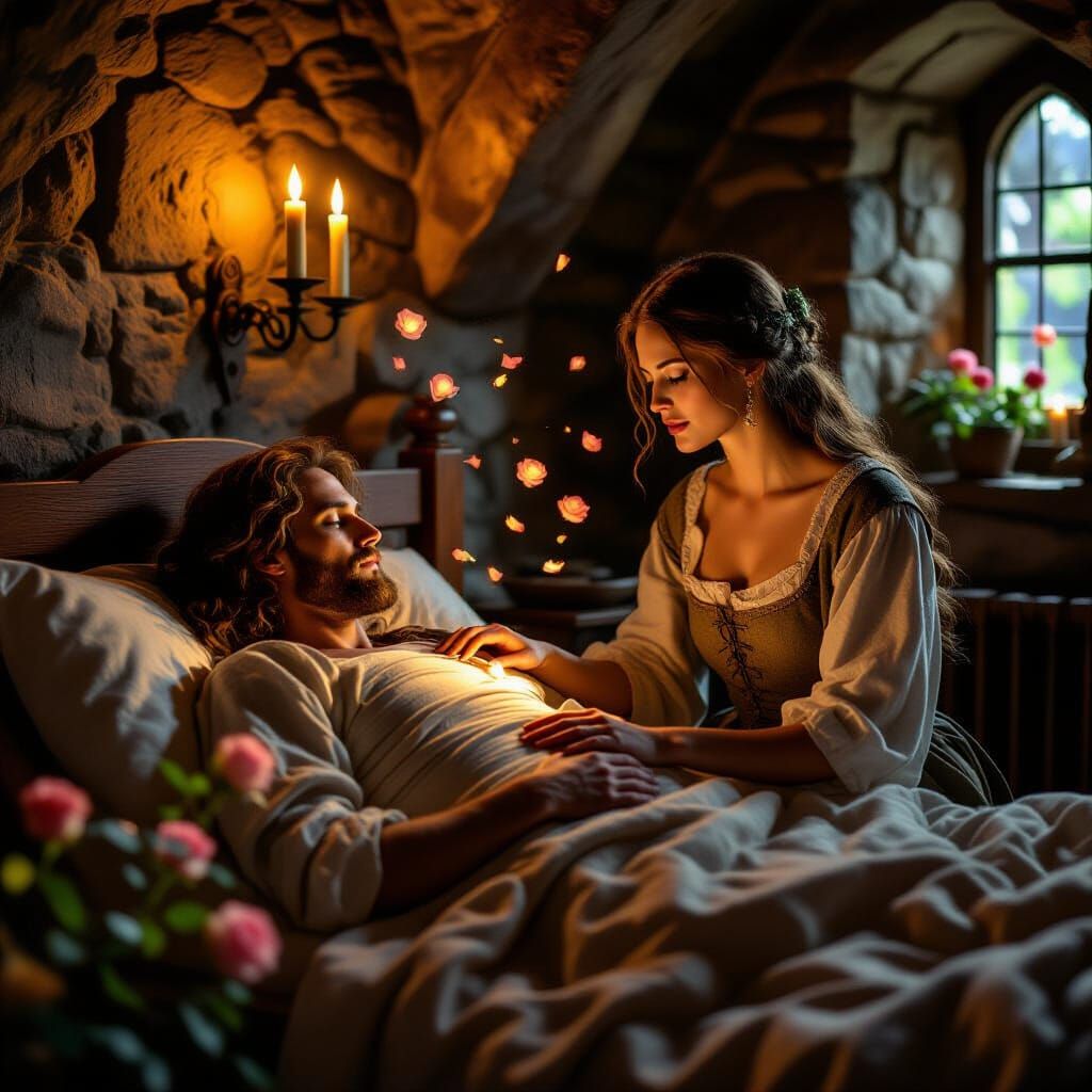 Medieval Sickroom Scene with Lady Katrina and Rodrigo