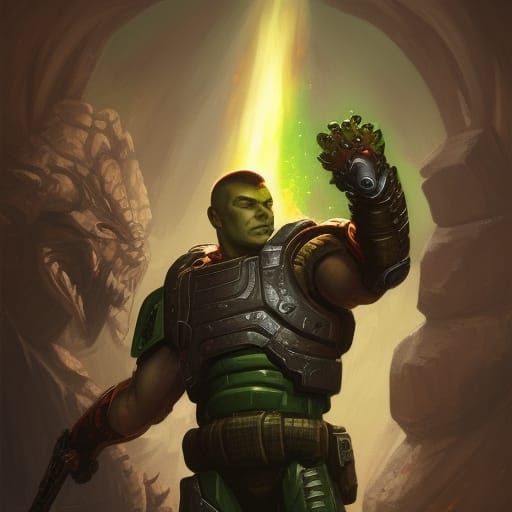 Doomguy in Dungeons and Dragons: Hyperdetailed Portrait