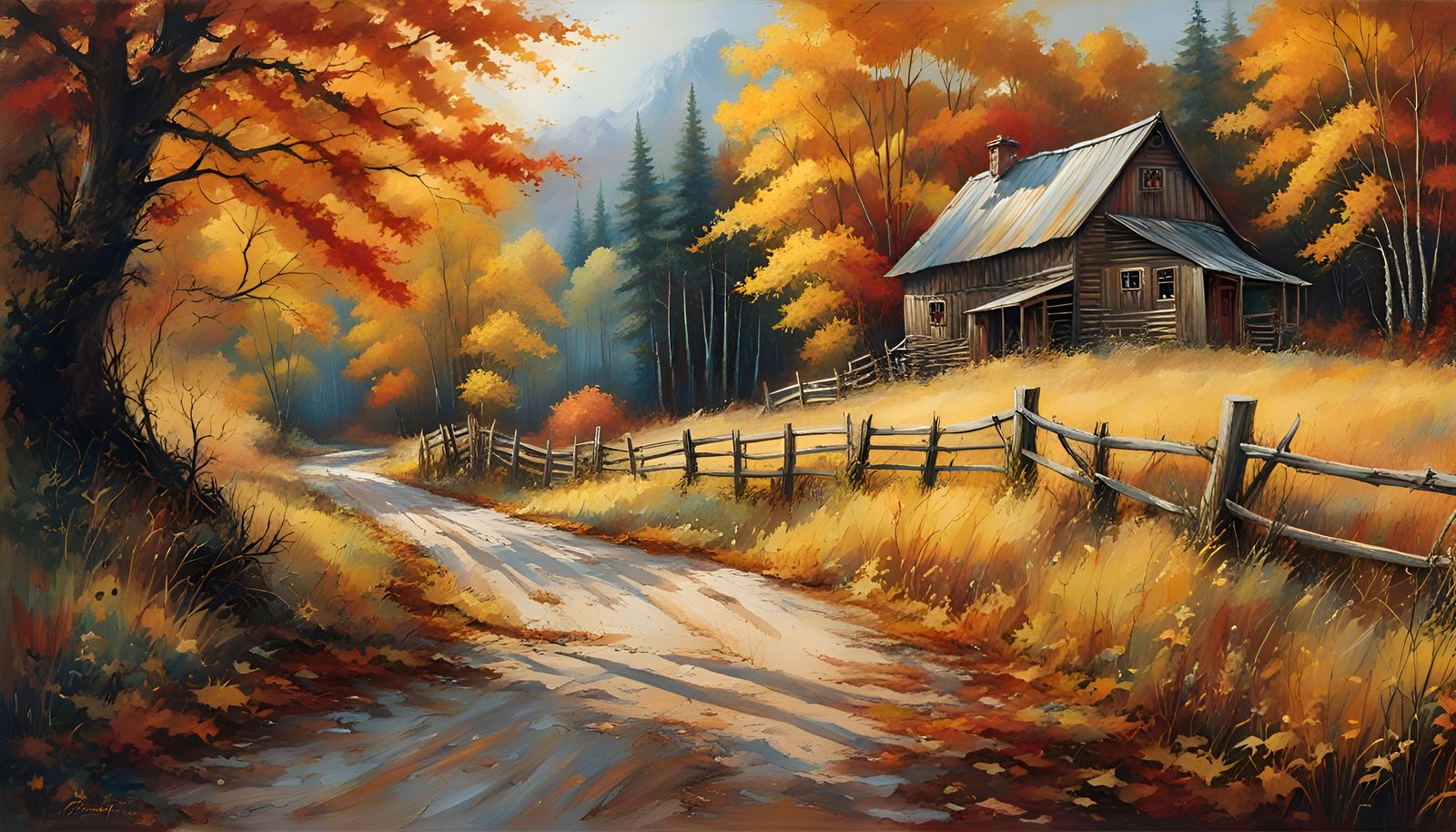 Autumn Country Road: Hyperrealistic Oil Painting