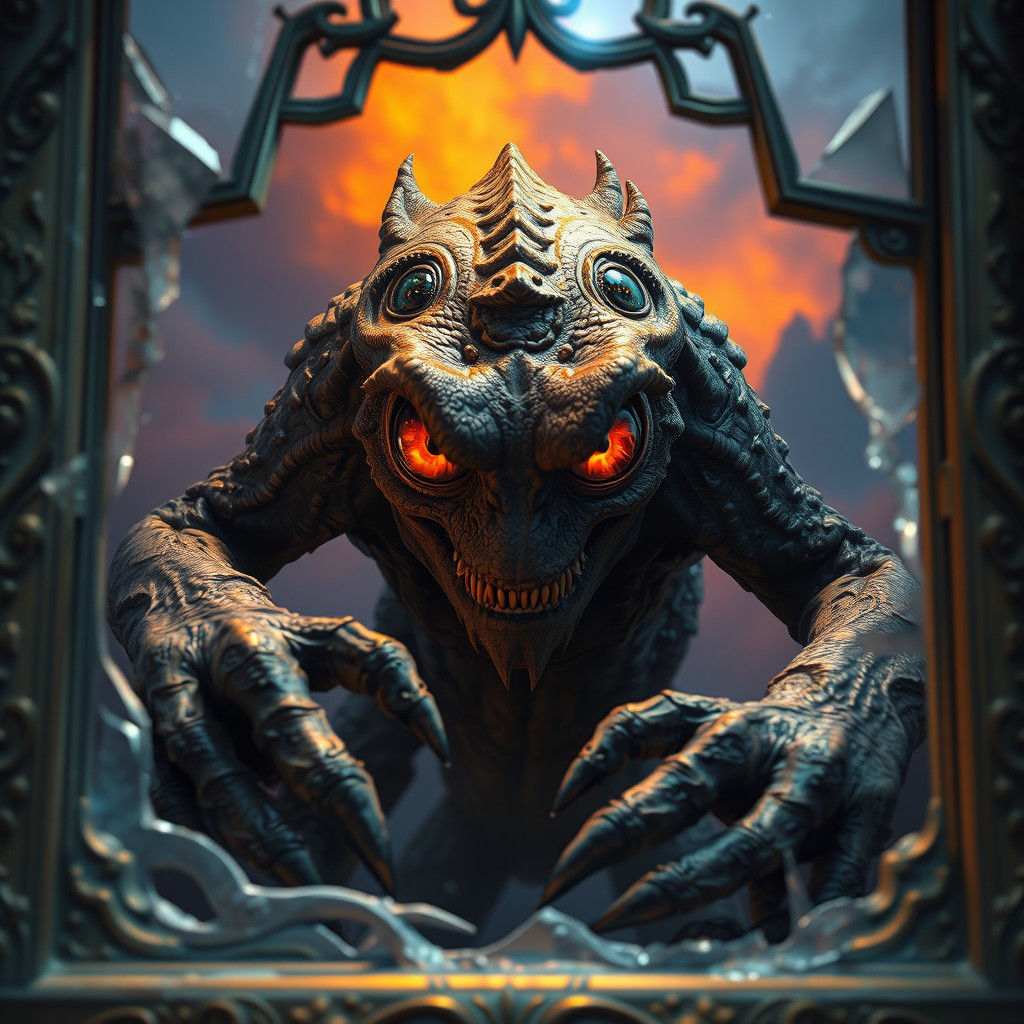 Grotesque Monster Peering Through Shattered Glass