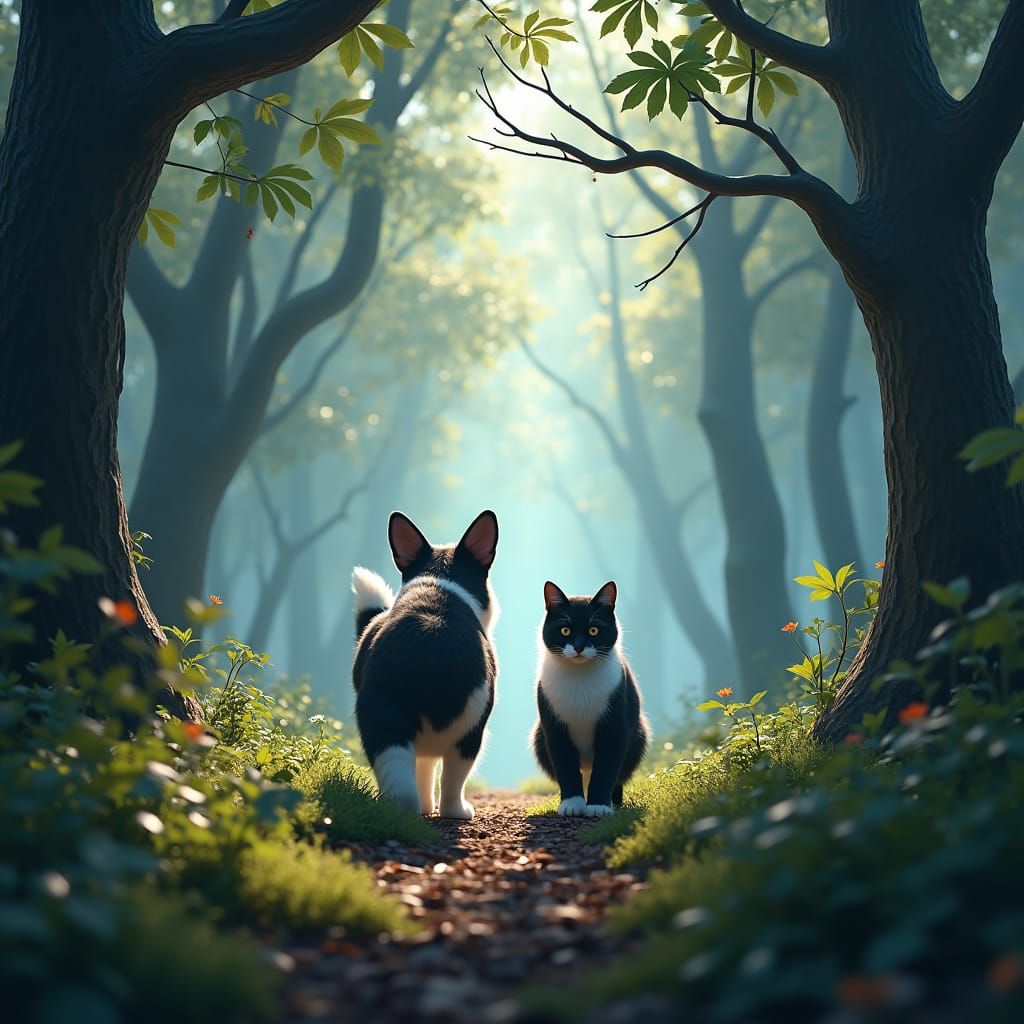 Corgi and Cat in Misty Forest, Detailed Matte Painting